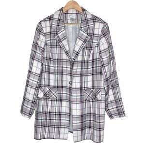 Worthington 22W White Purple Gray Plaid Oversized Long Blazer Jacket‎ Plus 2X